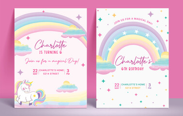 Birthday magical invitation card vector template design. Birthday girl party invitation with fantasy, magical and colorful rainbow theme poster template. Vector illustration invitation card poster set © AmazeinDesign