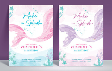 Birthday invitation card vector template design. Mermaid birthday girl underwater theme with fish tail watercolor background for party aquatic invitation card. Vector illustration mermaid template set
