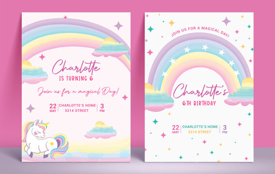 Birthday magical invitation card vector template design. Birthday girl party invitation with fantasy, magical and colorful rainbow theme poster template. Vector illustration invitation card poster set