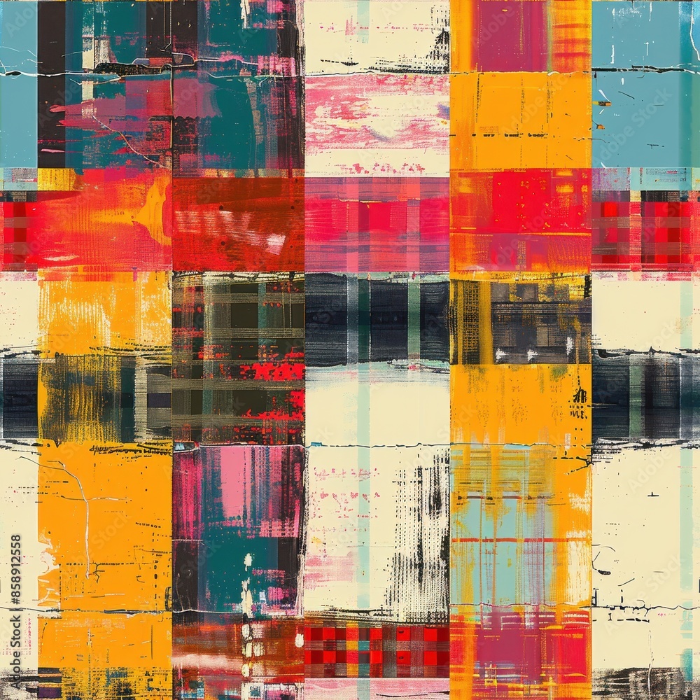 Poster This image features a digitally generated abstract pattern with a variety of colorful shapes. The pattern is made up of squares and rectangles, some of which have a plaid texture. The colors used in t