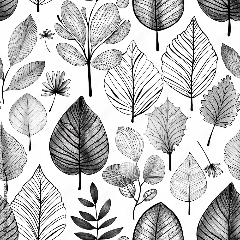 Poster this image is a seamless pattern of various leaves, illustrated in black and white. the leaves are d