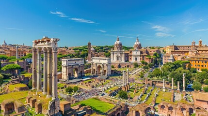 Obraz premium Aerial view of ancient ruins and historical landmarks in Rome, Italy, showcasing the city's rich architectural heritage under a clear blue sky.