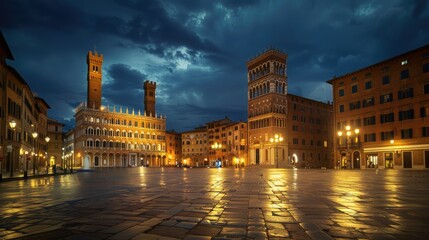 Fototapeta premium An illuminated historic town square at dusk with dramatic clouds and classical architecture.