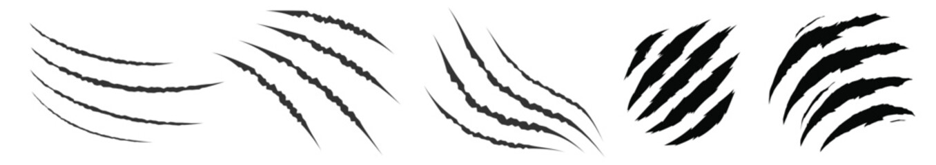 Animals claw scratches icons set. Claw scratches collection. Cat tiger scratches paw shape. Realistic illustration with black animals claw set.  Wild animals concept.Vector illustration