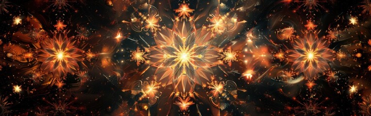 This image shows a digitally created abstract pattern of bright orange and yellow starbursts against a dark black background. The starbursts are arranged in a symmetrical pattern, creating a sense of 