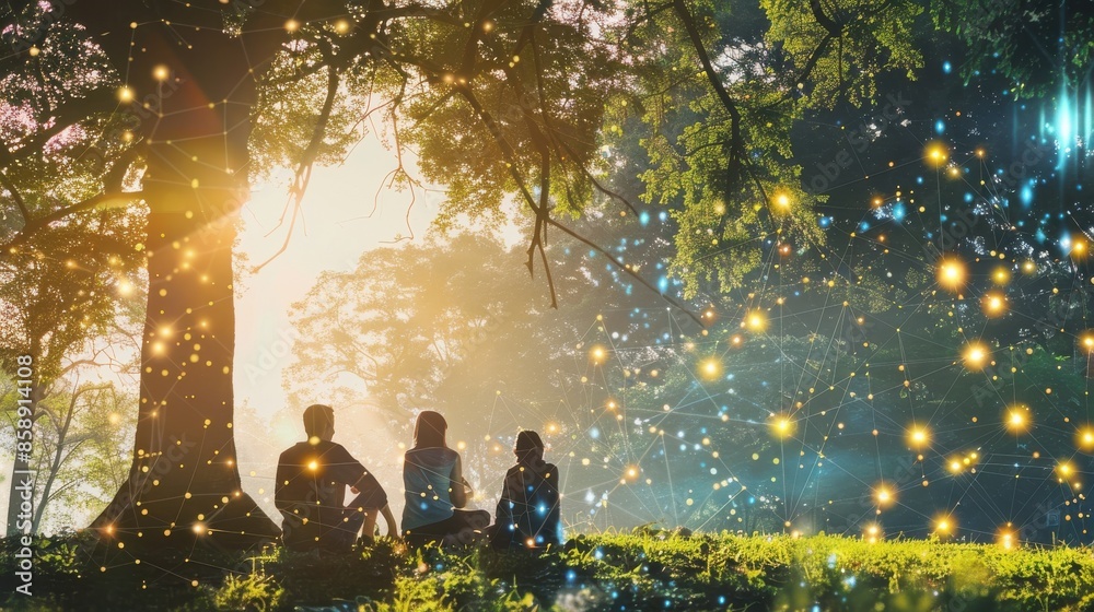 Poster The image shows three silhouetted people sitting beneath a large tree at sunset. The sky is filled with a magical array of twinkling lights, creating a warm and ethereal atmosphere. The scene suggests