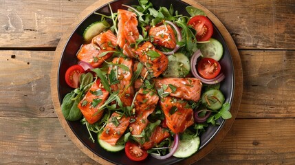 Smoked salmon salad with honey mustard dressing and fresh vegetables on a wooden table Top view