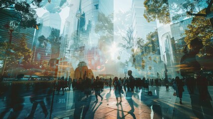 This image showcases a cityscape with a unique double-exposure effect. Silhouettes of people walking on a sidewalk are layered over a blurry background of buildings and trees. The composition creates 