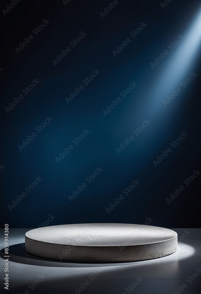 Poster podium display with concrete texture on deep blue background for product showcase