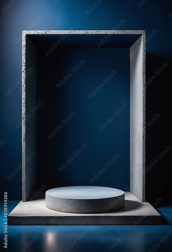 Poster Podium Display with Concrete Texture on Deep Blue Background for Product Showcase