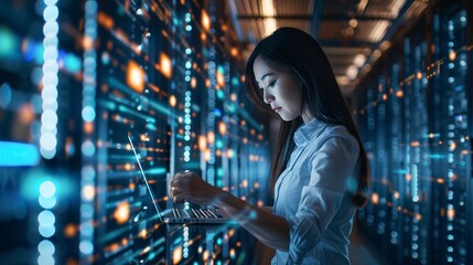 A woman in a data center and information technology environment, depicted as an engineer configuring a server room with software updates. The scene emphasizes the tech industry, cybersecurity