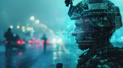 A soldier stands in the foreground, their face partially obscured by a digital overlay of data. The background is blurred, showing a cityscape at night with traffic lights and pedestrians. This image 