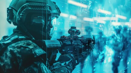 A soldier in full combat gear is aiming a rifle, with a digital interface overlaying the scene. The soldier is in the foreground, with a blurry background of other soldiers and digital displays. The i