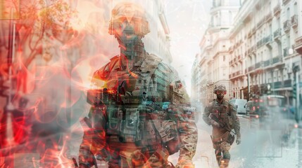 Fototapeta premium This digitally altered image shows a soldier walking through a city street. The soldier is heavily armed and wearing camouflage gear. The background is blurred, and the image is overlaid with red and 