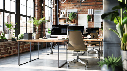 Fototapeta premium Sleek office interior with computer stations and natural light, emphasizing productivity and modern design.