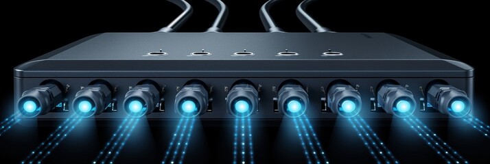 Detailed view of network router with attached cables and illuminated led status indicators