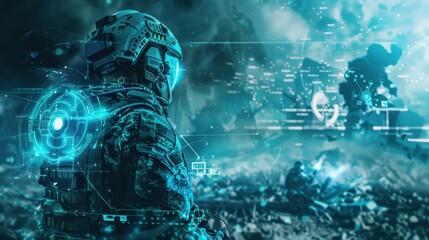 A soldier in futuristic gear stands in the middle of a battlefield, surrounded by debris and other soldiers. A digital interface overlays the scene, showcasing a map and targeting system, highlighting
