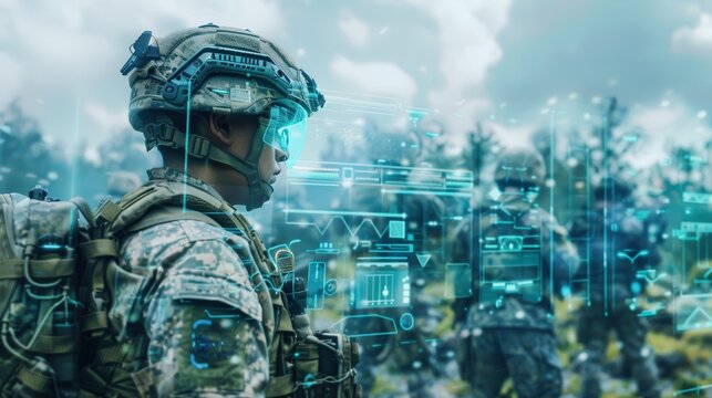 A soldier in a modern military uniform is wearing a helmet with augmented reality technology displayed on the visor. The soldier is in a training environment, likely a forest or field, with other sold
