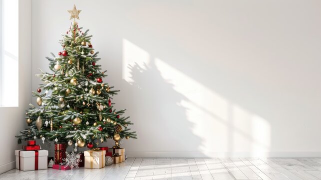 This image shows a decorated Christmas tree in a white room with a window and wood flooring. The tree is decorated with red and gold ornaments, a star topper, and wrapped presents at the base. Sun bea