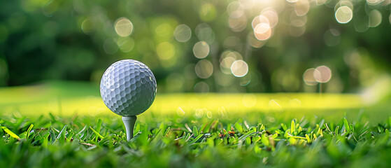 Close up photo of a golf ball on tee with blurred green bokeh background, perfect for use in golf related advertising, social media posts, or website designs.