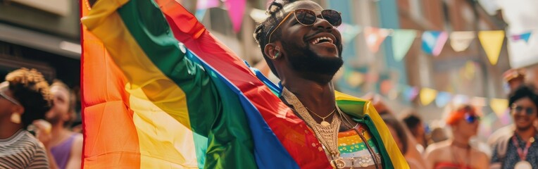 A man is holding a rainbow flag and smiling. Concept of joy and celebration, as the man is likely participating in a pride parade or a gay event. The vibrant colors of the flag