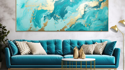 Abstract marble marbled marble stone ink painted painting texture luxury background banner - Turquoise blue waves swirls gold painted splashes lines, Generative AI