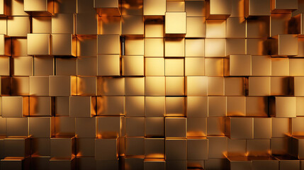 Abstract geometric metallic gold 3d texture wall with squares and square cubes background banner illustration with glowing lights, textured metal wallpaper, Generative AI