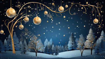 Obraz premium Frohe Weihnachten, festliche Gru脽karte mit deutschem Text 鈥?H盲ngende goldene und blaue Christbaumkugeln auf dunklem blauem Hintergrund, Generative AI