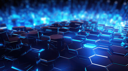 Naklejka premium Abstract futuristic digital geometric technology hexagon background banner illustration - Dark blue glowing hexagonal 3d shape texture, Generative AI