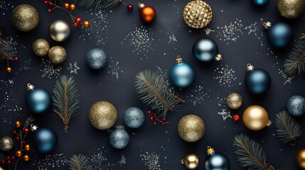 Christmas holiday celebration decoration background banner panorama, long texture - Chrsitmas ornaments, baubles and pine brnaches, on dark blue table, top view, seamless pattern, Generative AI