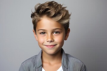 A young boy with brown hair and a friendly smile looking at the camera.