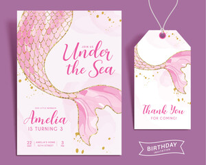 Birthday mermaid invitation vector set design. Invitation card and thank you tag with pink fish tail background for girl under the sea party theme template. Vector illustration birth day mermaid card.
