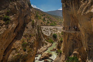 El Caminito del Rey 'The King's Path' - a hiking trail stretching along the steep walls of a limestone gorge in the Desfiladero de los Gaitanes National Park