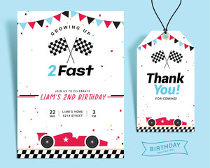 Birthday boy invitation card vector set design. Invitation and thank you tag with race car party theme template collection for kids fun celebration. Vector illustration birth day boy card template.  
