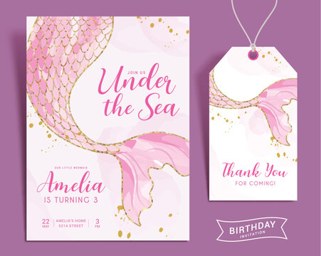 Birthday mermaid invitation vector set design. Invitation card and thank you tag with pink fish tail background for girl under the sea party theme template. Vector illustration birth day mermaid card.