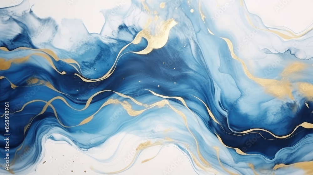 Wall mural Abstract watercolor paint background illustration - Blue color and golden lines, with liquid fluid marbled swirl waves texture banner texture, isolated on white background, Generative AI - Wall murals