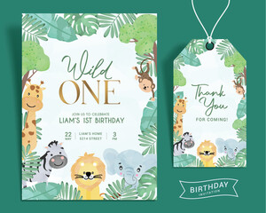 Birthday boy invitation card vector template. Birthday gift tags and invitation in jungle, forest and wild animals kids party theme design. Vector illustration birth day card template. 

