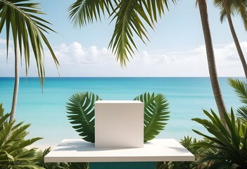 Empty podium for product presentation with palm leaf on seascape. Generative AI