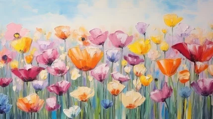  Spring summer tulips flower background banner panorama - Abstract oil acrylic painting of colorful tulip field on canvas, Generative AI © Fang