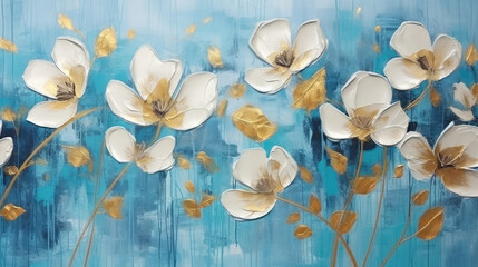 Abstract art acrylic oil painting of gold floral blooming flowers and leaves on blue colored canvas background, Generative AI