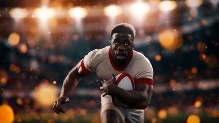 Rugby sevens player making a powerful try, dynamic tackle midair, intense stadium lighting, vibrant crowd, photorealistic detail