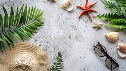 A flat lay photograph featuring a straw hat, palm fronds, seashells, and starfish on a light gray background. The image has a summery and tropical feel, with the elements arranged in a pleasing and sy