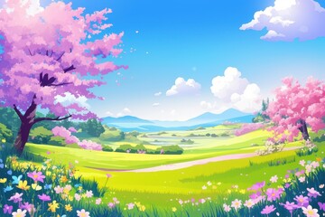 Fototapeta premium Springtime Landscape with Blossoming Cherry Trees