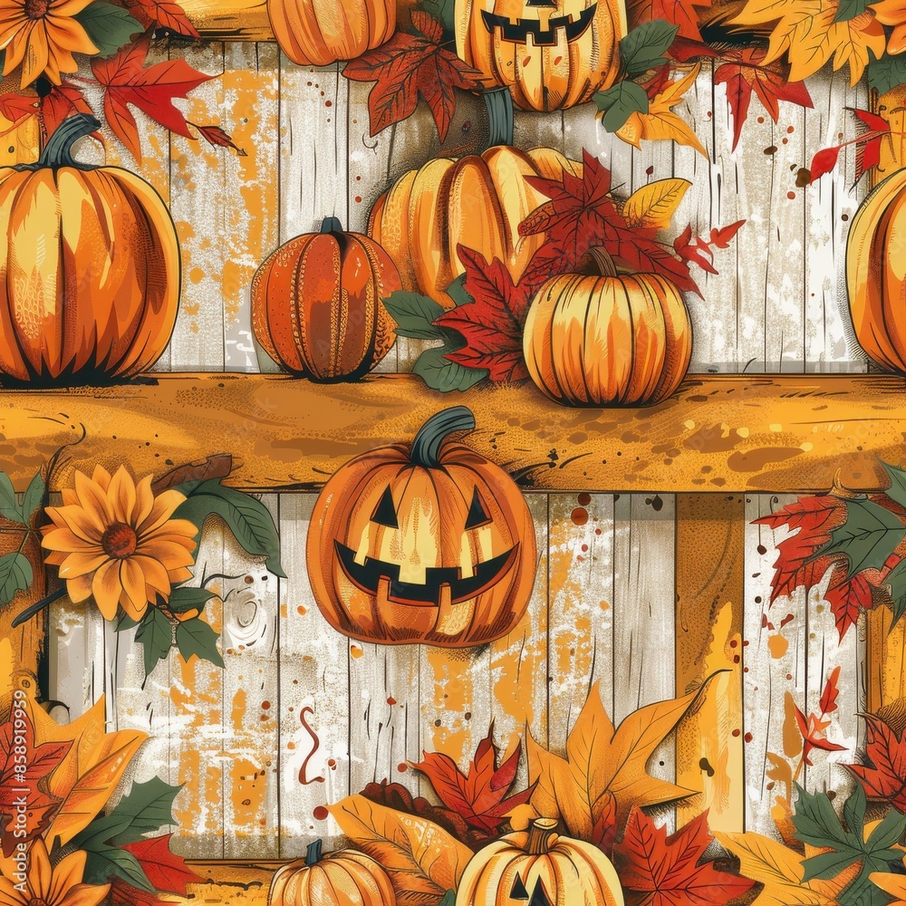 Aufkleber this digitally-painted illustration depicts a festive fall display with pumpkins and jack-o-lanterns