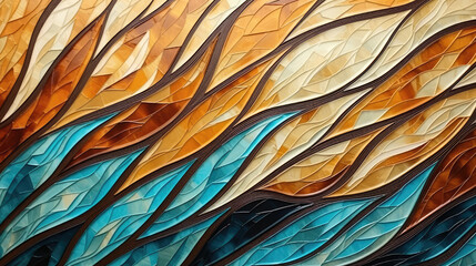 Abstract brown orange blue mosaic tile wall texture background with waving waves autumnal leaves shapes, Generative AI