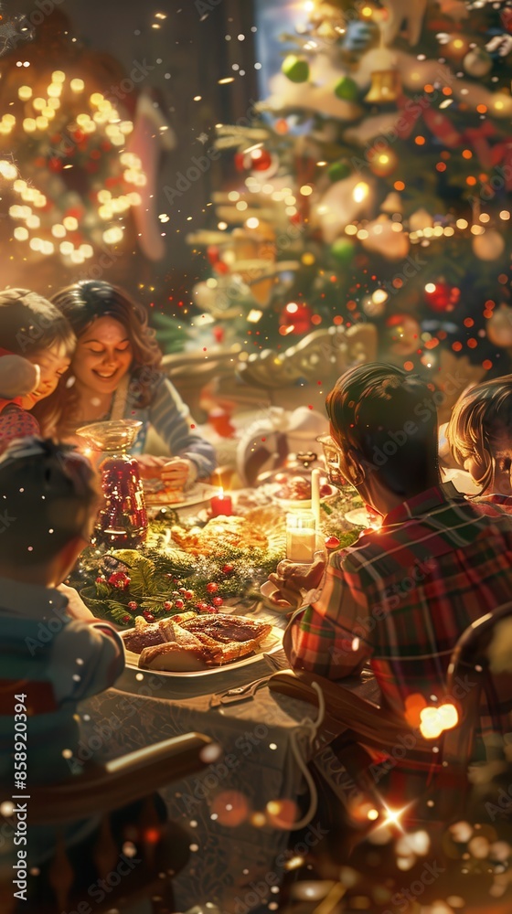 Poster this image shows a family gathered around a table for a christmas dinner. the table is set with fest