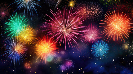 Naklejka premium HAPPY NEW YEAR 2024 - Firework silvester New Year Eve Party festival celebration holiday background banner greeting card - Closeup of colorful fireworks pyrotechnics in the night, Generative AI