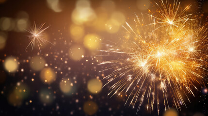 Obraz premium Happy New Year 2024, New Year Eve firework sparkler party celebration holiday greeting card - Gold fireworks, sparklers and golden bokeh lights, night background banner, Generative AI