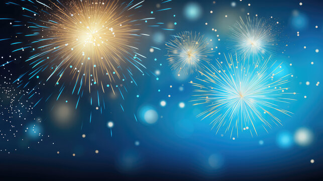 Happy New Year 2025, New Year Eve firework sparkler party celebration holiday greeting card with year - Gold fireworks, sparklers and golden bokeh lights, blue background banner, Generative AI