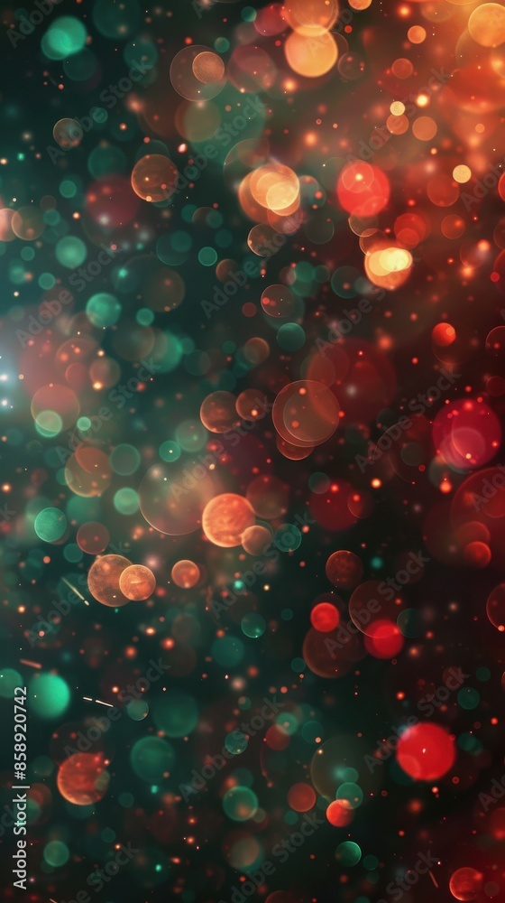 Aufkleber A close-up photo of an abstract bokeh background with red and green lights. The image is out of focus, creating a dreamy and ethereal effect. The lights are scattered randomly across the dark backgrou